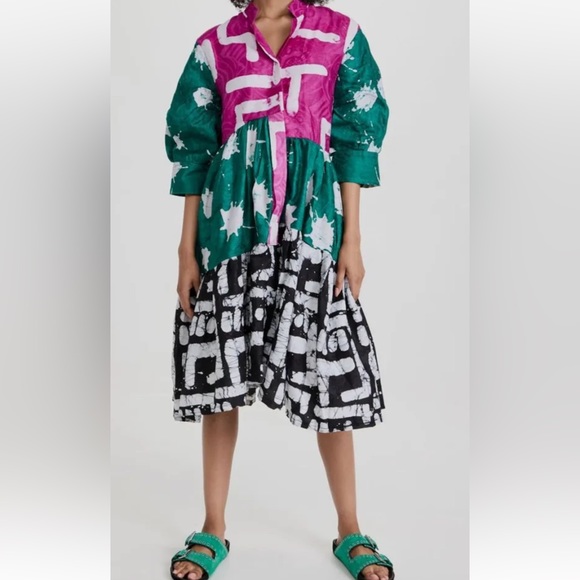 Dresses & Skirts - Busayo NWOT Womens Green Tayo Mixed Batik Print Elbow-length Shirt Dress